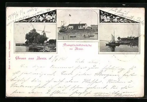 AK Arnis, Dampfschiffsbrücke, Windmühle, Segelboot