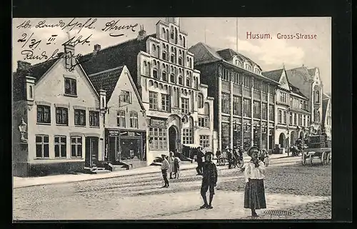 AK Husum, Gross-Strasse mit Geschäften
