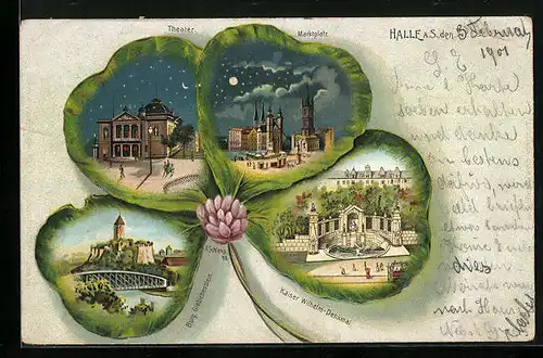 Passepartout-Lithographie Halle a. S., Kleeblattmotiv, Theater u. Marktplatz bei Nacht, Burg Giebichenstein