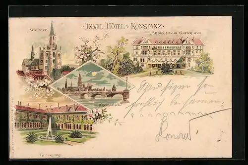 Lithographie Konstanz, Münster, Rheinbrücke, Kreuzgang, Insel-Hotel