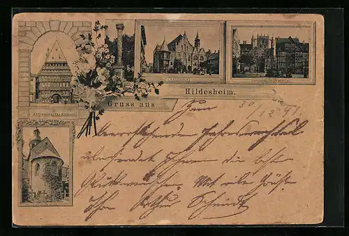 Vorläufer-AK Hildesheim, Knochenhaueramtshaus, Templerhaus, Haus Wedekind, Tausendjähriger Rosenstock, 1891