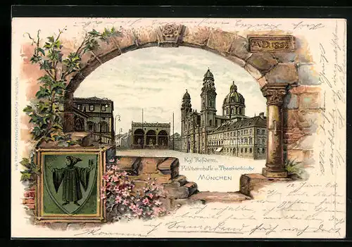 Passepartout-Lithographie München, Residenz, Feldherrnhalle und Theatinerkirche, Wappen mit Kindl