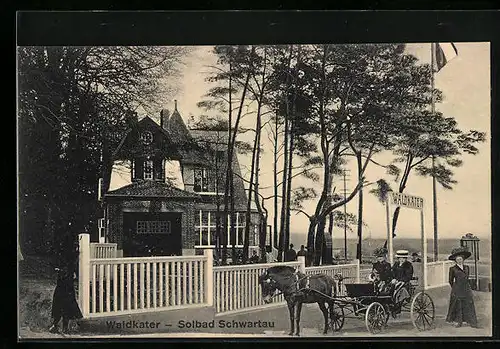 AK Solbad Schwartau, Gasthaus Waldkater mit Garten und Damen im Einspänner