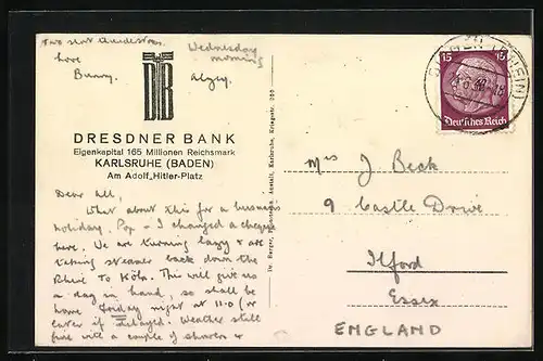 AK Karlsruhe, Filiale der Dresdener Bank, Strassenansicht