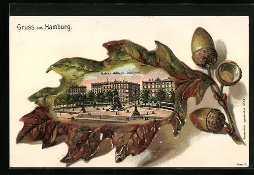 Passepartout-Lithographie Hamburg, Kaiser Wilhelm-Denkmal im Eichenblatt