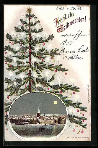 Lithographie Kiel, Panorama bei Vollmond im Winter, Christbaum, Weihnachtsgruss