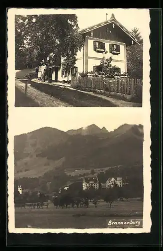 AK Brannenburg, Haus mit Holzgiebel, Ortsansicht mit Kirchee
