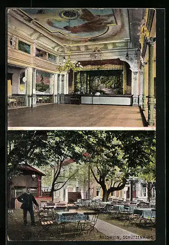 AK Rosswein, Gasthof Schützenhaus, Gartenansicht und Saal