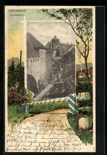 Passepartout-Lithographie Nürnberg, Kettensteg aus der Vogelschau, Schranke mit Rehen