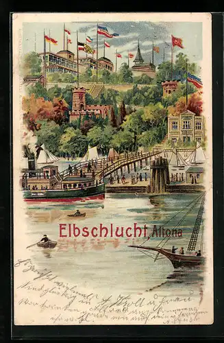 Lithographie Hamburg-Altona, Gasthaus Elbschlucht mit Strandbrücke und Dampfer