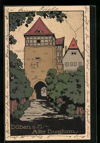 Steindruck-AK Düben a. M., Alter Burgturm