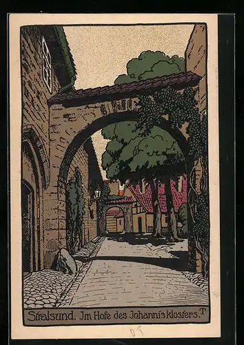 Steindruck-AK Stralsund, Im Hofe des Johannisklosters
