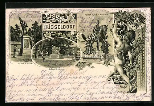 Lithographie Düsseldorf, Denkmal der 39er, Kriegerdenkmal und Kaiser-Wilhelm-Denkmal