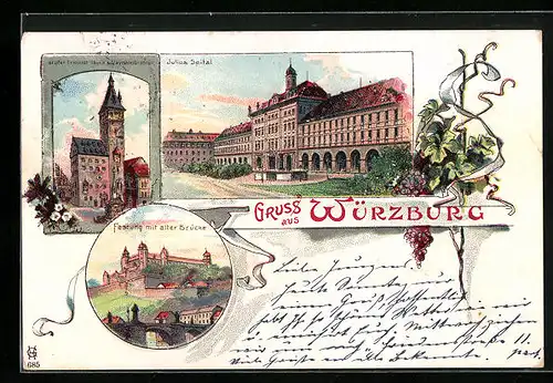 Lithographie Würzburg, Julius Spital, Festung mit alter Brücke