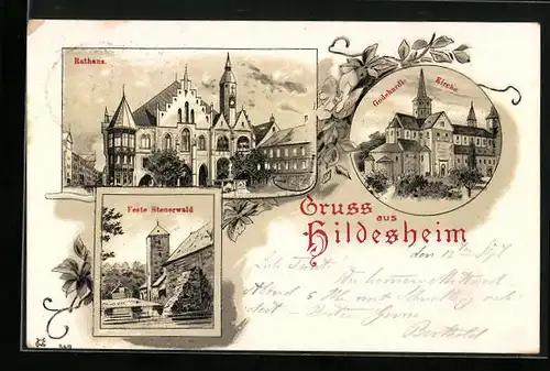 Lithographie Hildesheim, Godehardi Kirche, Rathaus, Feste Stenerwald