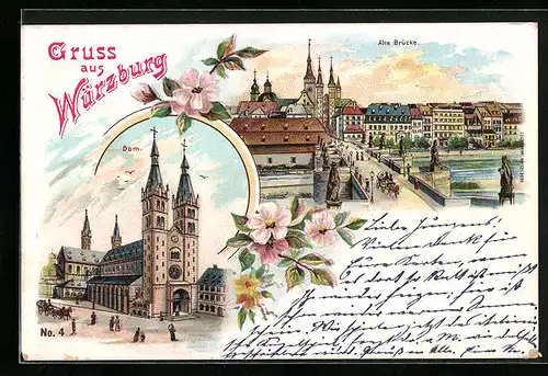Lithographie Würzburg, Alte Brücke und Dom
