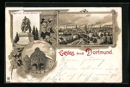 Lithographie Dortmund, Denkmal Kaiser Wilhelm I., Altes Rathaus
