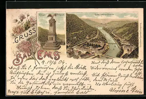 Lithographie Bad Ems, Krieger Denkmal, Ems Lahnaufwärts