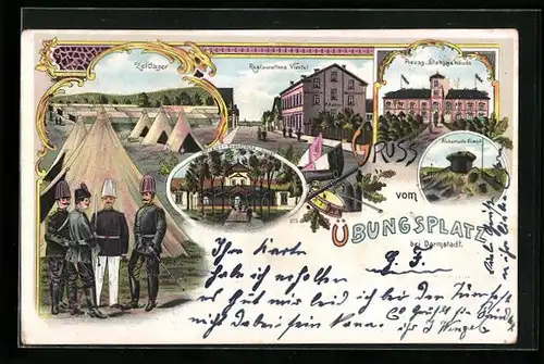 Lithographie Darmstadt, Gruss vom Übungsplatz, Zeltlager, Preuss. Stabsgebäude
