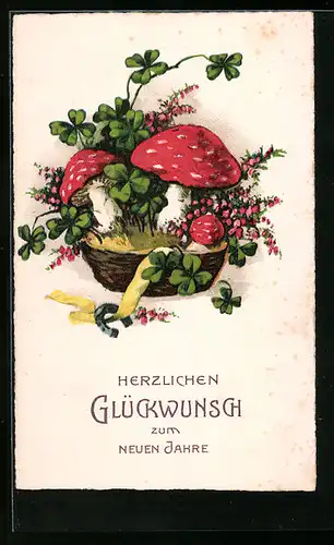 AK Glückwunsch zum Neuen Jahr, Korb mit Pilzen, Hufeisen und Glücksklee
