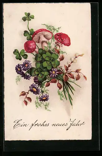 AK Ein frohes neues Jahr, Blumenstrauss mit Pilzen und Glücksklee