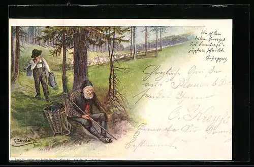 Künstler-AK E. Döcker: Schäfer mit Sohn und Schafherde am Waldrand