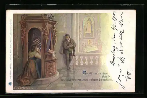 Künstler-AK E. Döcker: Junge Frau kniet im Beichtstuhl