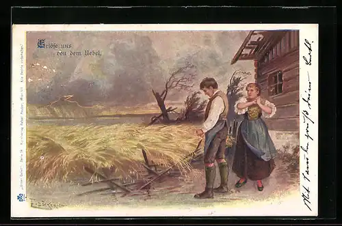 Künstler-AK E. Döcker: Junge Bauern vor dem flach liegenden Getreide