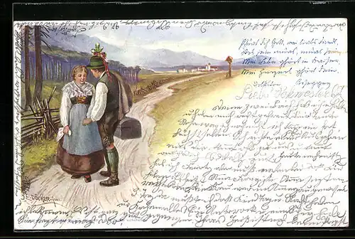 Künstler-AK E. Döcker: Junges Paar auf dem Weg zum Ort