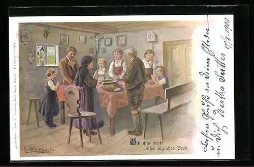 Künstler-AK E. Döcker: Familie beim Gebet vor dem Essen