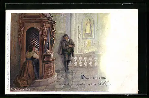 Künstler-AK E. Döcker: Frau im Beichtstuhl knieend