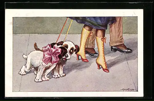 Künstler-AK A. Bertiglia: Rüde an der Leine beschnuppert eine Hundedame