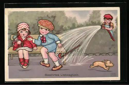 Künstler-AK Margret Boriss: Junge bespritzt junges Paar auf der Bank mit Wasser-Gestörtes Liebesglück