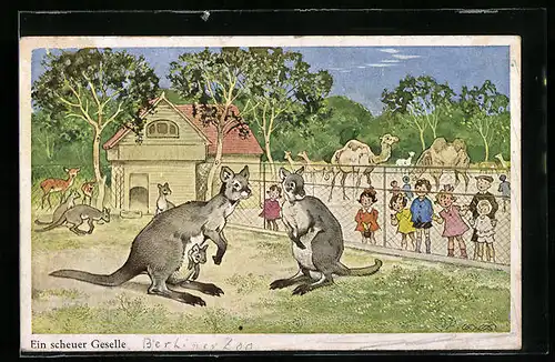 Künstler-AK Fritz Baumgarten: Ein scheuer Geselle, Kinder betrachten die Tiere im Zoo