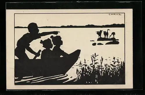 Künstler-AK Carus: Kinder im Boot betrachten Wasservögel, Schattenbild