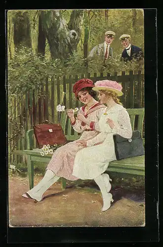 Künstler-AK R. Borrmeister: Blumenorakel, zwei Mädchen auf einer Bank werden von Jungen beobachtet