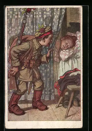 Künstler-AK Emil Beithan: Junge in Uniform am Bett seiner schlafenden Freundin