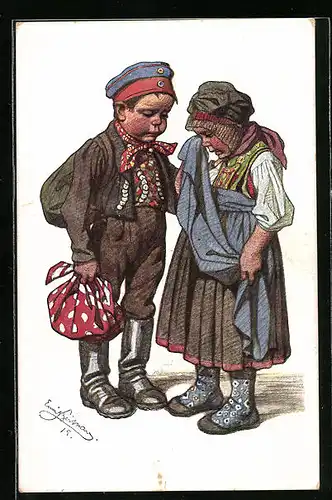 Künstler-AK Emil Beithan: Junge in Uniform beim Abschied von seiner Liebsten