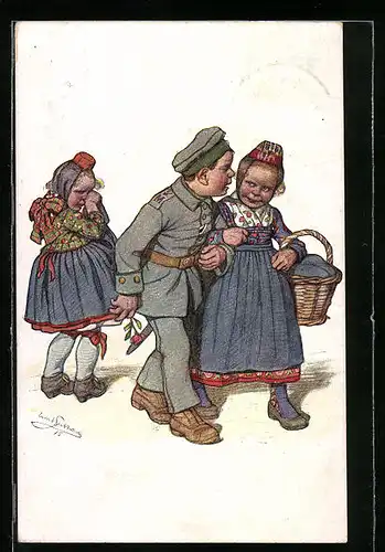 Künstler-AK Emil Beithan: Kleiner Soldat in Uniform mit Mädchen, Im Hintergrund weinendes Mädchen