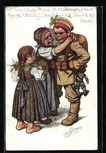 Künstler-AK Emil Beithan: Junge in Uniform wird von seiner Familie an die Front verabschiedet