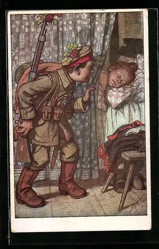 Künstler-AK Emil Beithan: Junge als Soldat am Bett seiner schlafenden Freundin