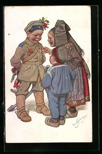 Künstler-AK Emil Beithan: Mutter und Sohn bewundern die Orden des heimkehrenden Soldaten