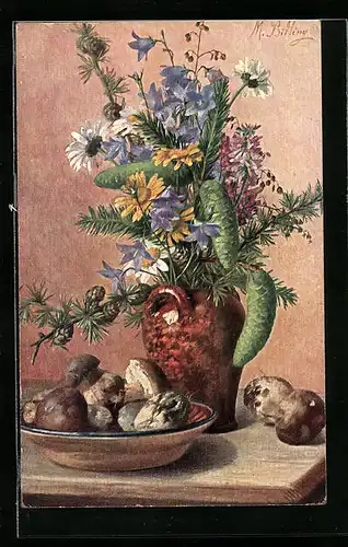 Künstler-AK M. Billing: Eine Vase mit Blumen, daneben eine Schüssel mit Pilzen