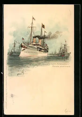 Künstler-AK Hans Bohrdt: S. M. Yacht Hohenzollern-Parade abnehmend