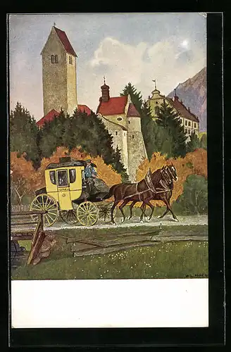 Künstler-AK Eugen Ludwig Hoess: Postkutsche in Rauhenzell im Allgäu