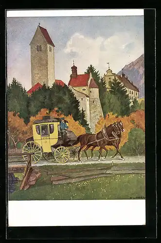 Künstler-AK Eugen Ludwig Hoess: Postkutsche in Rauhenzell im Allgäu