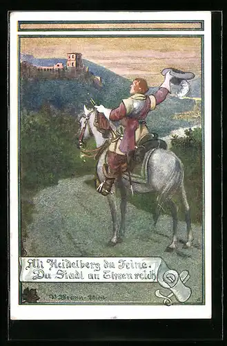 Künstler-AK W. Braun: Reiter zu Pferde grüsst Heidelberg