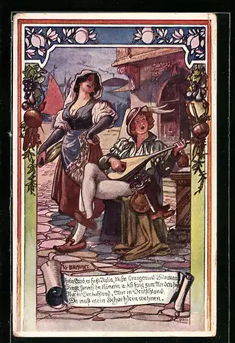 Künstler-AK W. Braun: Mann mit Laute und tanzende Frau