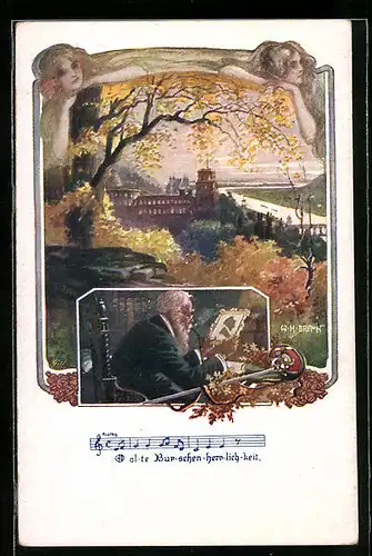 Künstler-AK W. Braun: Deutscher Schulverein Nr. 1240: Herbstliche Landschaft, Alte Burschen Herrlichkeit, Lied mit Noten