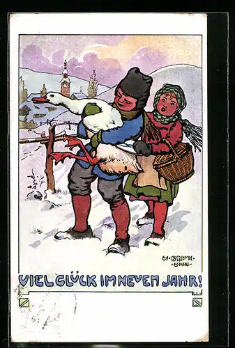 Künstler-AK W. Braun: Junges Paar mit einer Gans